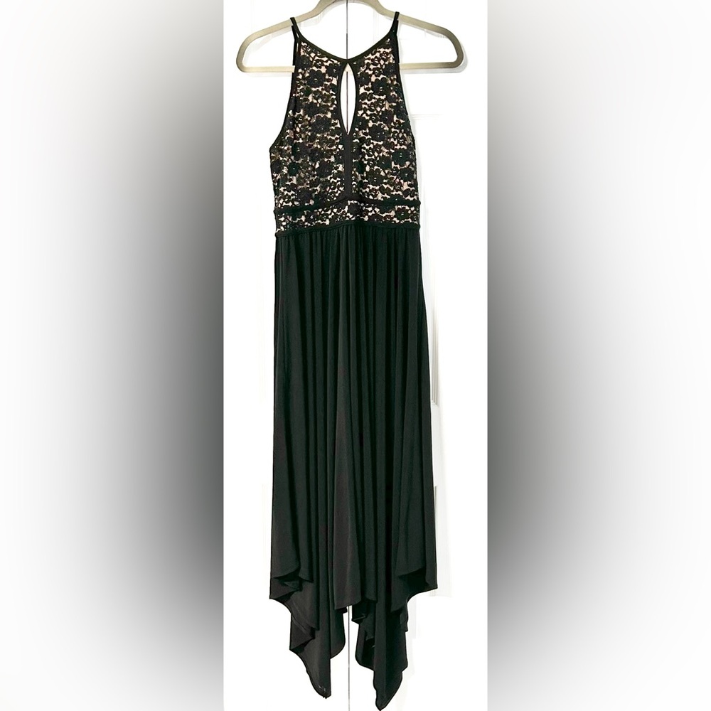 Black, long, formal dress with sequenced lace top and asymmentrical hemline.
